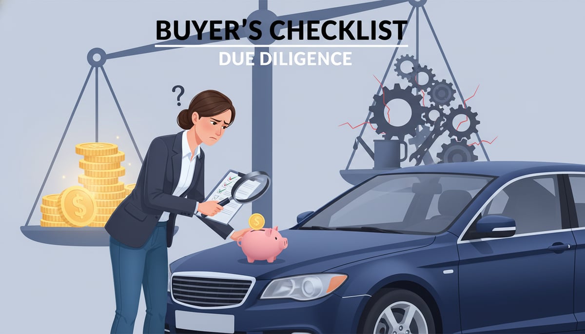 An informed car buyer holds a checklist and magnifying glass over a used car.