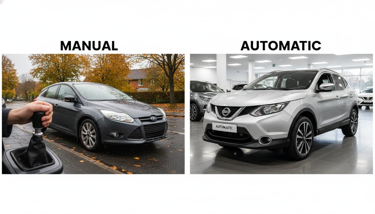 A highly detailed, hyperrealistic split-screen image contrasting two used cars in a contemporary UK setting. On the left side, a right-hand drive dark grey manual hatchback (e.g., a Ford Focus or Vauxhall Astra) with slight wear, parked on a damp, autumnal British street, a human hand firmly gripping its visible gear stick. The word 'MANUAL' is displayed prominently in a large, clean font above this scene. On the right side, a right-hand drive metallic silver automatic SUV or crossover (e.g., a Nissan Qashqai or Kia Sportage) in a sleek, modern UK used car showroom, a relaxed human hand resting casually near its automatic shifter. The word 'AUTOMATIC' is displayed prominently in a large, clean font above this scene. The overall lighting is bright and informative, suitable for a 2025 buyer's guide, with a focus on realism and visual contrast.