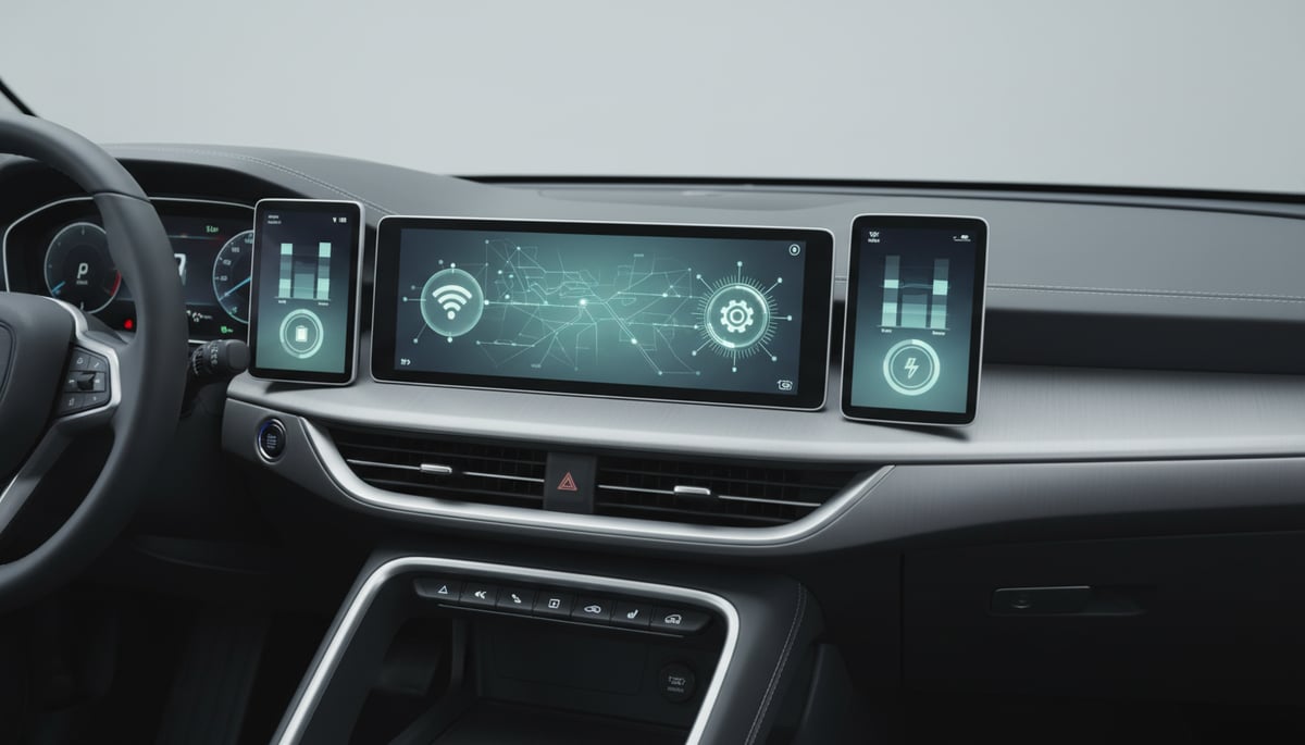A modern car dashboard with a sleek, user-friendly interface displaying various digital screens and illuminated icons representing car technology features.