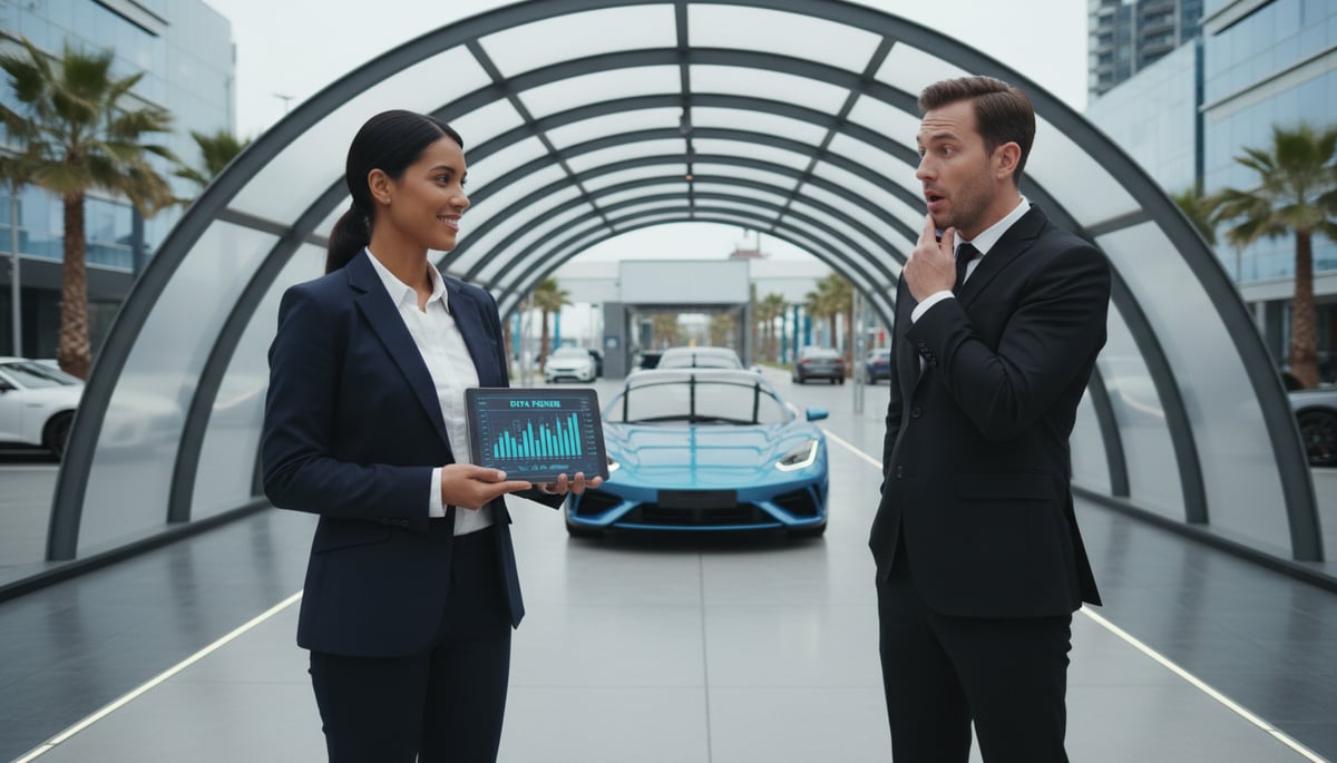 A confident car buyer using data to confront a seller.
