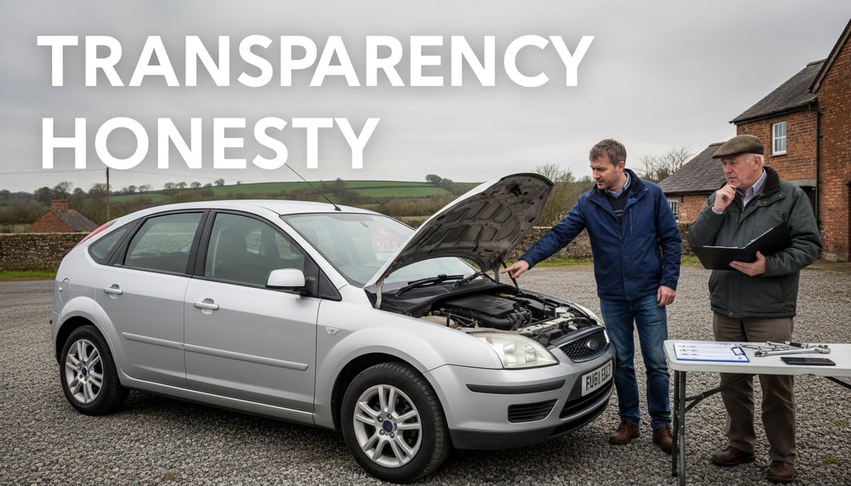 An image showing a buyer asking a seller about the car, with the words Transparency and Honesty