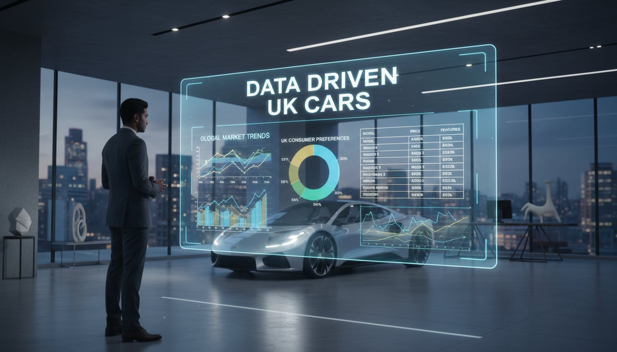 A modern, sophisticated scene depicting a diverse person in a high-tech UK car showroom or a stylish home office. They are intently viewing a large, transparent digital display showing complex data visualizations: intricate line graphs of market trends, detailed pie charts of consumer preferences, and comparative tables of various car models and their features. A sleek, contemporary car (e.g., an electric vehicle or a popular UK model) is subtly present in the background, hinting at the outcome of an informed decision. The overall aesthetic is clean, intelligent, and forward-looking. Large, crisp keywords 'DATA DRIVEN' and 'UK CARS' are prominently integrated into the digital display, emphasizing the core theme.