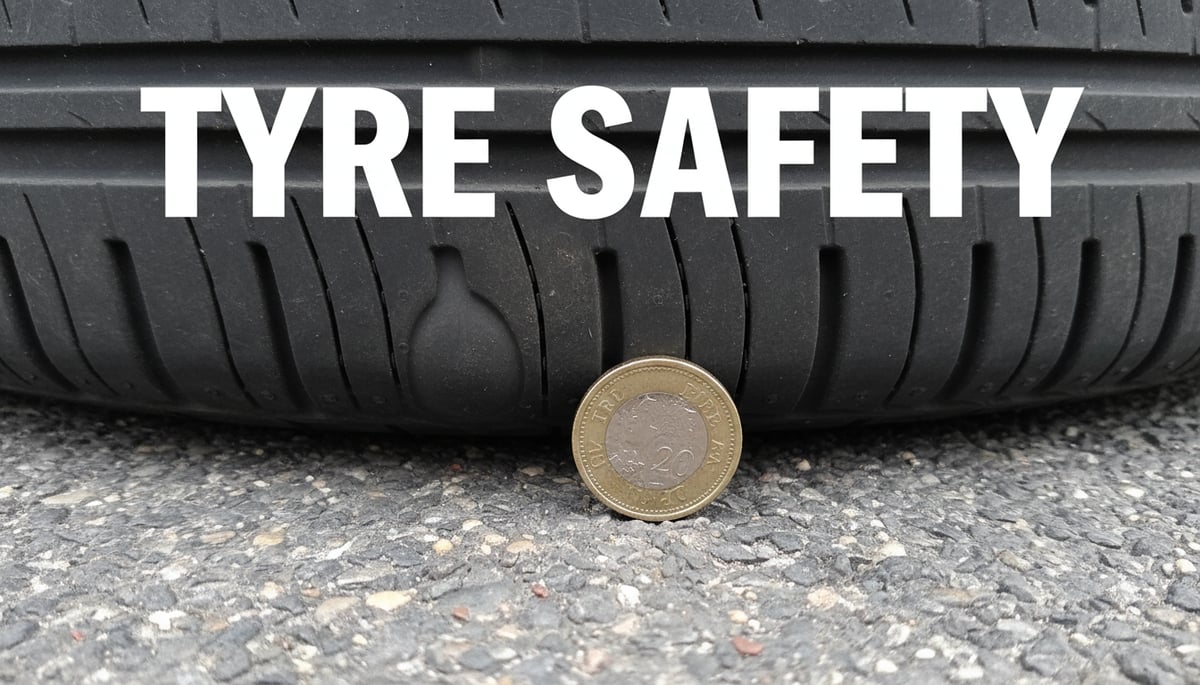 Car tyre with a 20p coin for tread depth test