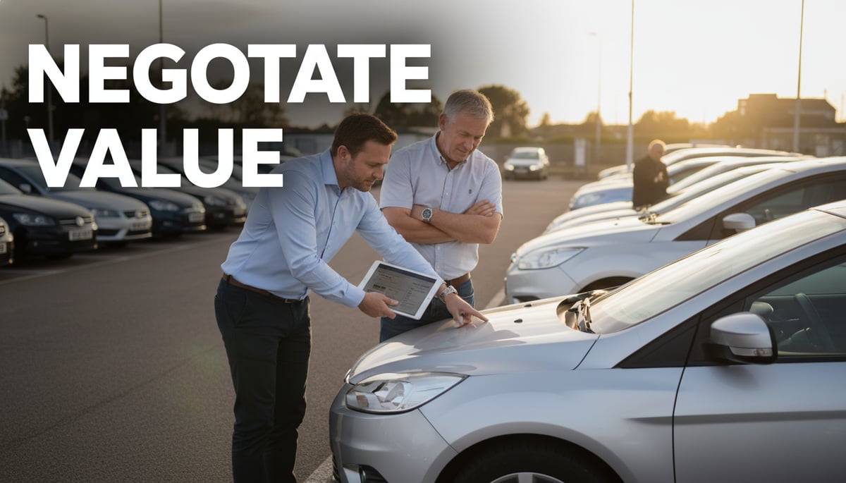 An image depicting a calm negotiation over a used car, highlighting research and value