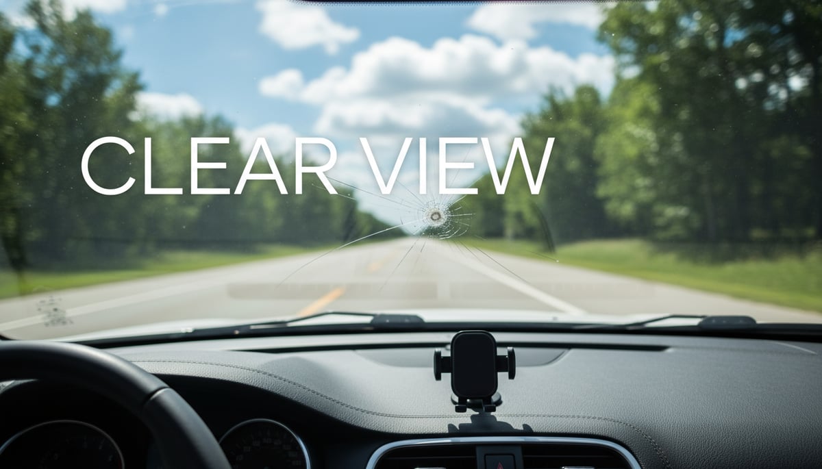 Driver's view through a car windscreen with a small chip