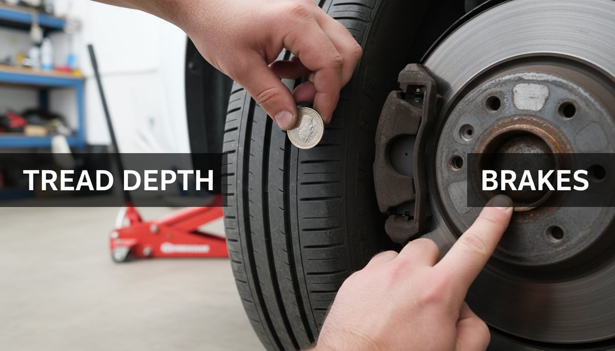 An image showing a close-up inspection of a tyre's tread depth and brake disc