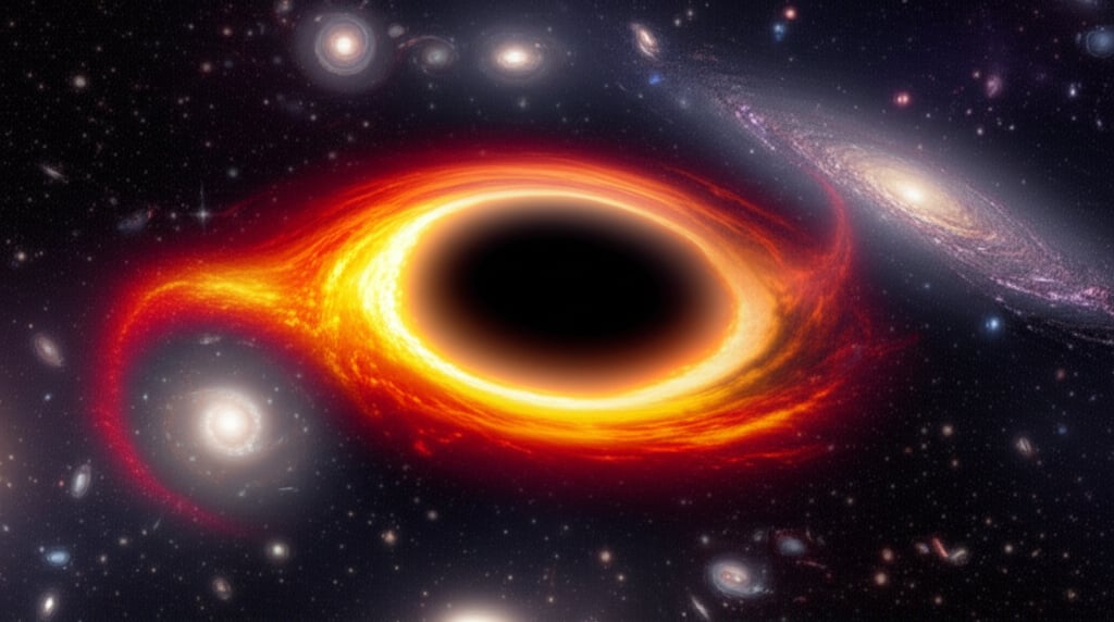 A supermassive black hole's fiery accretion disk intensely warps distant galaxies and stars in a dark, dramatic cosmic void.