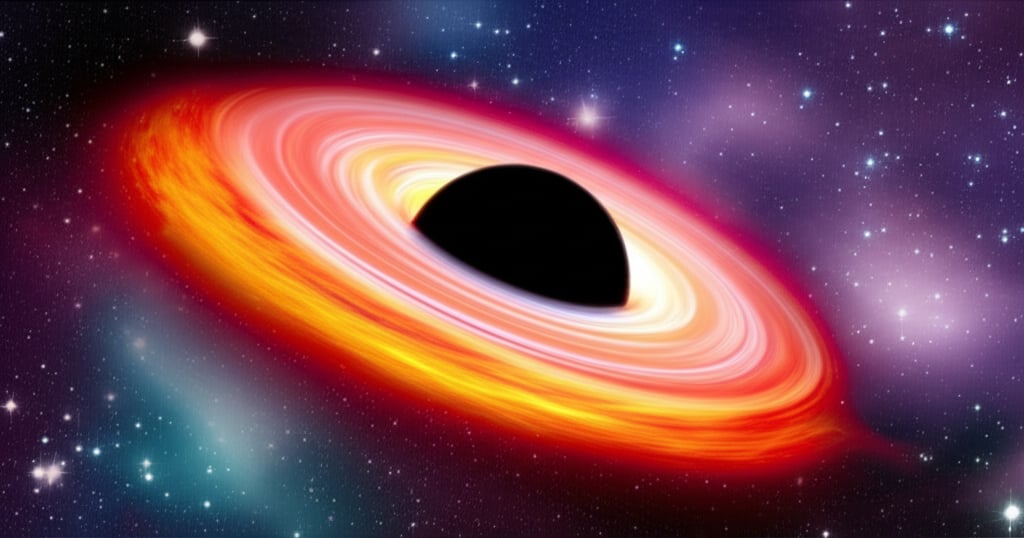 A majestic supermassive black hole with a vibrant, swirling accretion disk dramatically warps a starry, colorful cosmic background.
