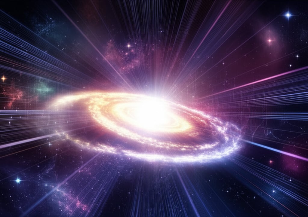 A breathtaking cosmic panorama of a nascent spiral galaxy with a brilliant core, swirling colorful arms, and ethereal data streams.