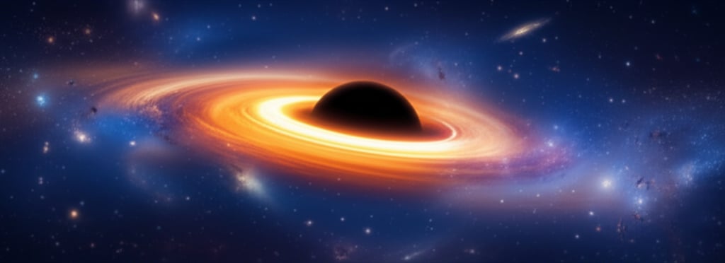 A supermassive black hole with a fiery accretion disk warps distant galaxies and space-time, set against a star-filled cosmic background.
