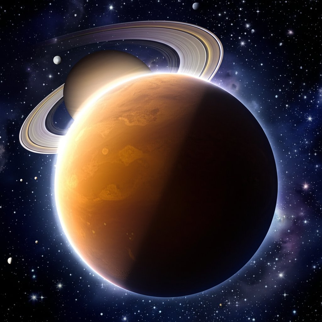 A stunning cosmic view features a massive orange Titan dominating the foreground, with Saturn's rings visible against a starry void.