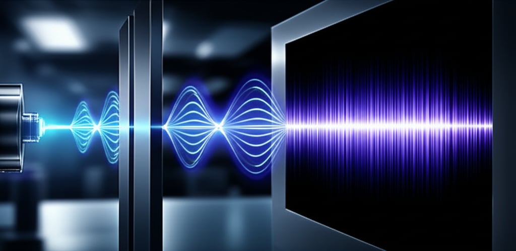 A conceptual illustration of the Double-Slit Experiment, with ethereal blue quantum waves creating a vivid interference pattern.