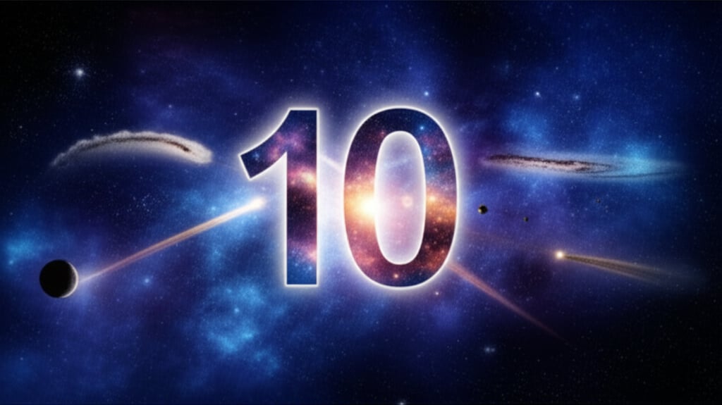 A glowing '10' made of stars and nebulae sits amidst swirling galaxies and planets in a vibrant cosmic deep space.