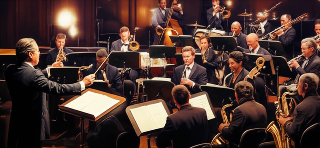 A dynamic conductor leads a large, gleaming big band orchestra performing in a richly lit, elegant jazz club setting.