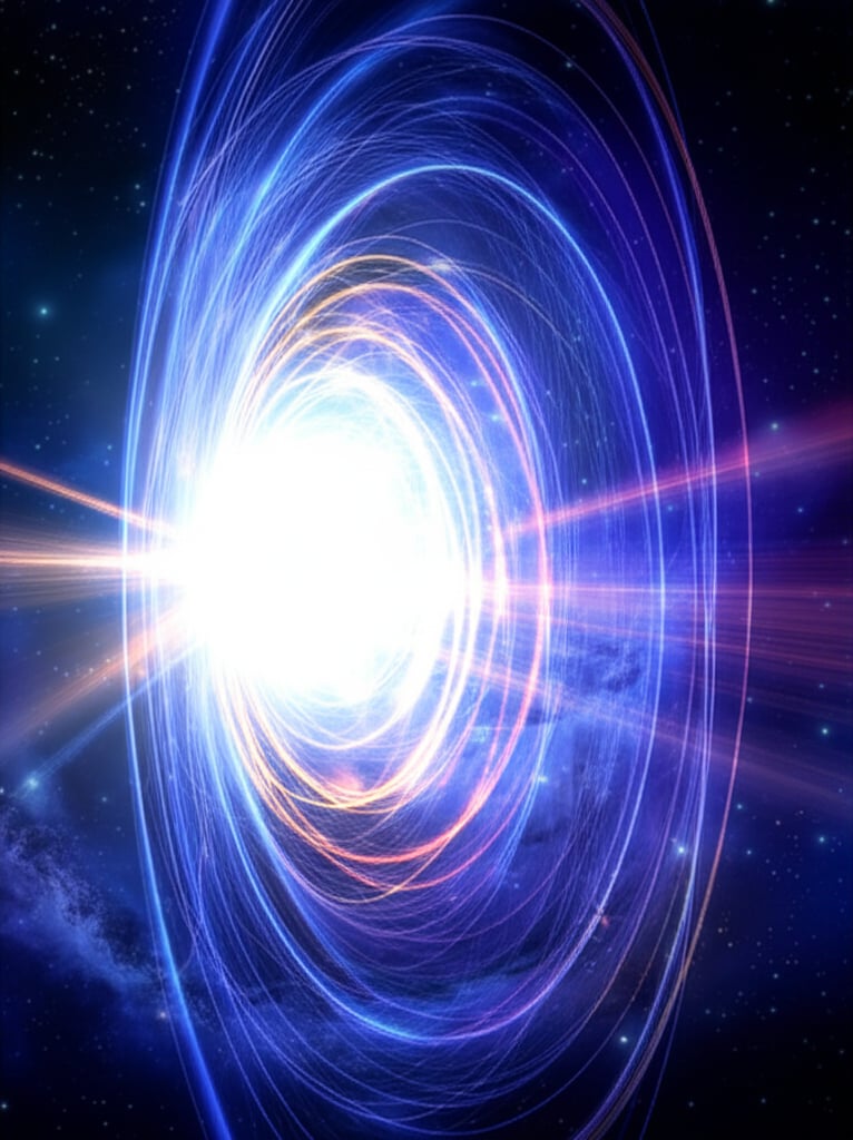 An intensely glowing, pulsating magnetar with vibrant electric magnetic fields against a deep space stellar backdrop.