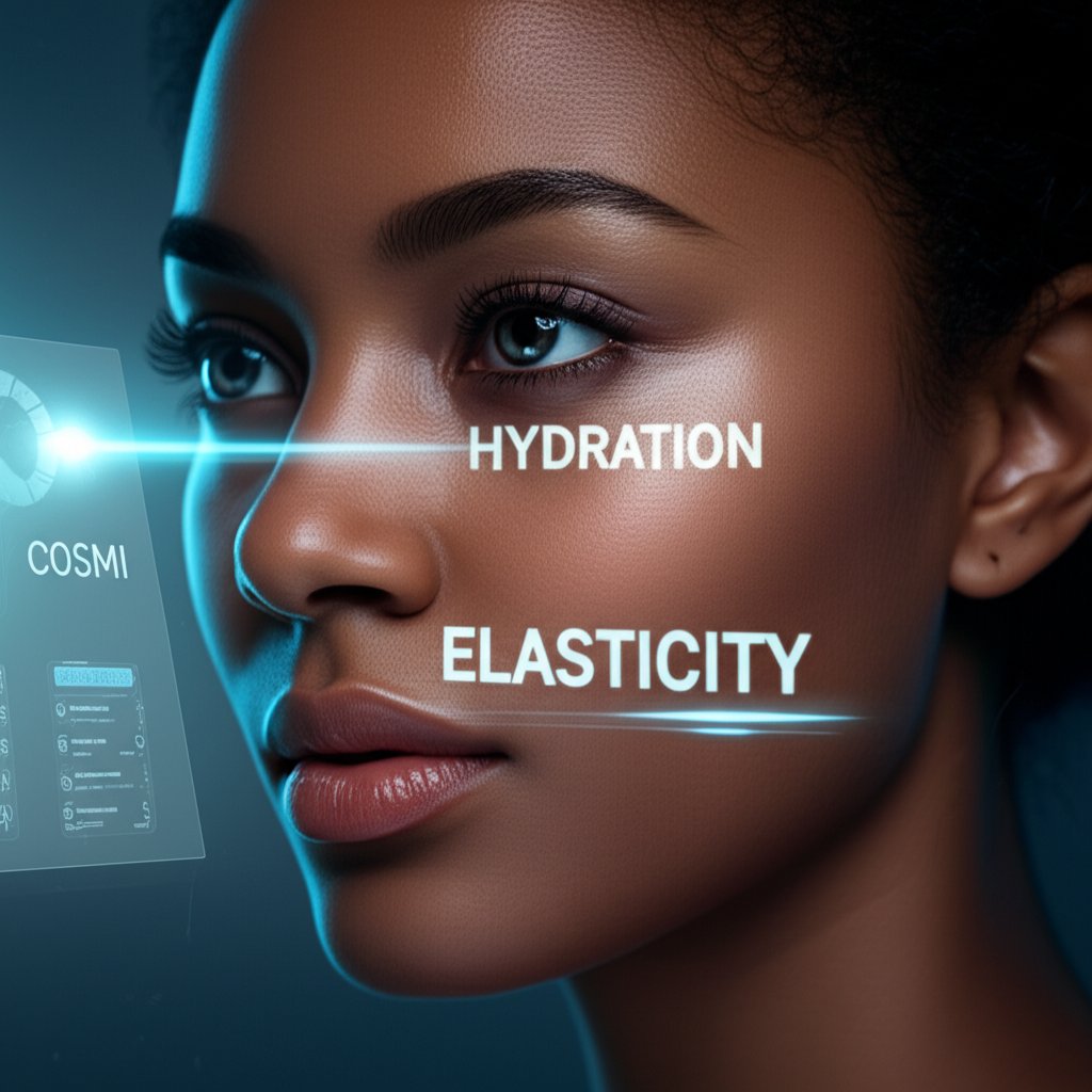 An illustrative image about: A close-up, high-tech shot of a diverse woman's face, partially illuminated by a gentle, holographic