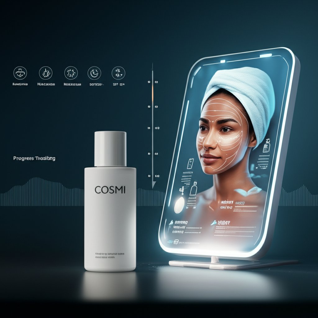 An illustrative image about: A modern, clean image showcasing the integration of advanced technology with skincare. In the foregr