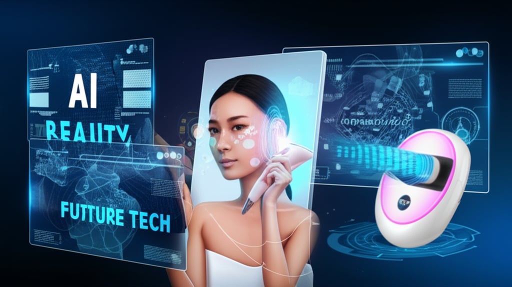 An illustrative image about: A dynamic and vibrant scene illustrating advanced AI beauty applications. A diverse person is shown 