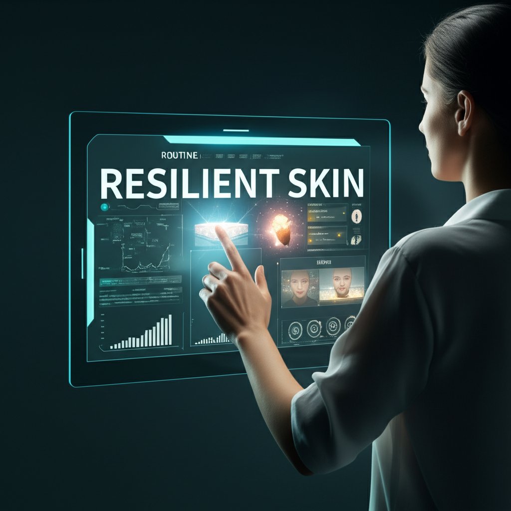 An illustrative image about: A high-tech, futuristic scene featuring an individual diligently following a personalized skincare r