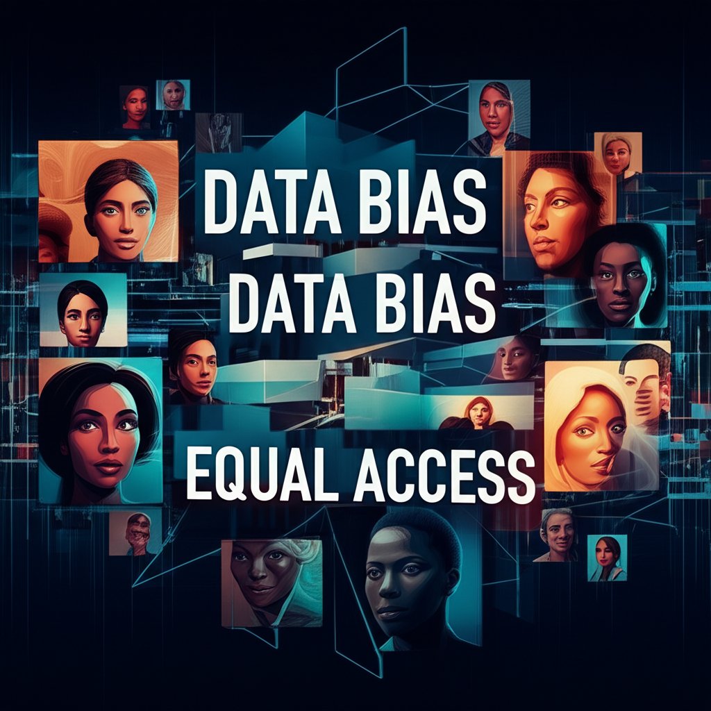 An abstract, visually striking illustration depicting fragmented data blocks and disconnected pathways, symbolizing challenges in data standardization and sharing. Interspersed are diverse facial profiles, some partially obscured or behind transparent barriers, representing issues of accessibility and disparate outcomes across varied skin tones and types. Two prominent, bold text overlays read 'DATA BIAS' and 'EQUAL ACCESS', emphasizing these systemic hurdles. Panoramic view with a sense of underlying complexity.