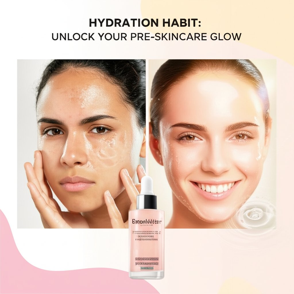 A split-screen image contrasting dull skin with a radiant complexion, featuring a skincare product and 'Hydration Habit' headline.
