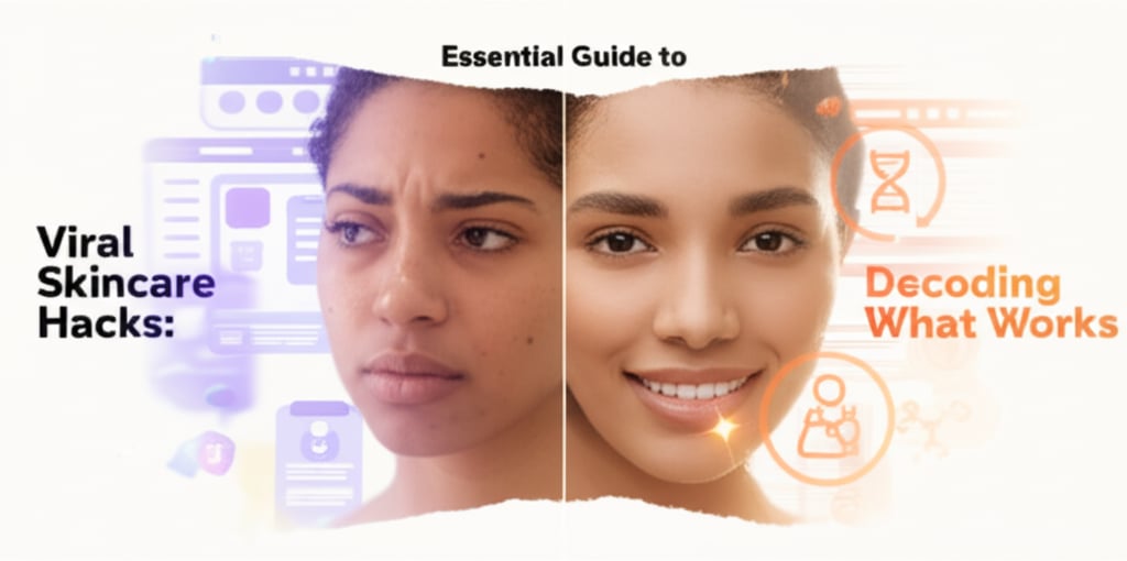 Horizontal split-screen shows 'Viral Skincare Hacks' confusion on left and 'Decoding What Works' clarity on right.