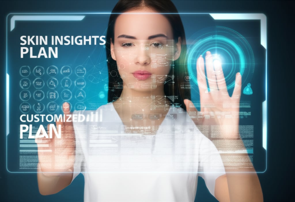 An illustrative image about: Cinematic shot of a woman with radiant skin gently touching a holographic screen displaying a person