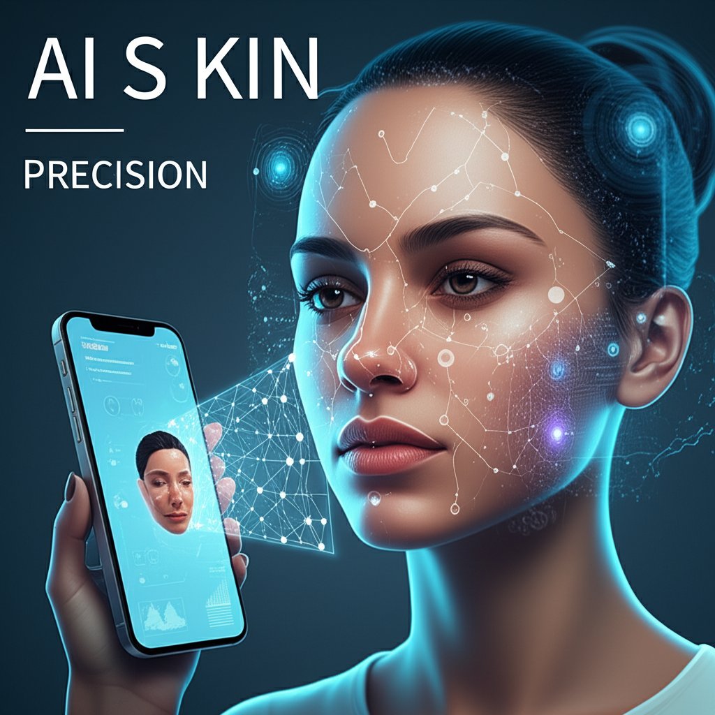 A futuristic illustration of a diverse human face being meticulously scanned by a glowing smartphone camera. Digital overlays show data points, a neural network, and analytical graphs representing texture, hydration, and fine lines. The background is a clean, minimalist digital interface. Large, prominent text: "AI SKIN", "PRECISION". The aesthetic is high-tech and intelligent.