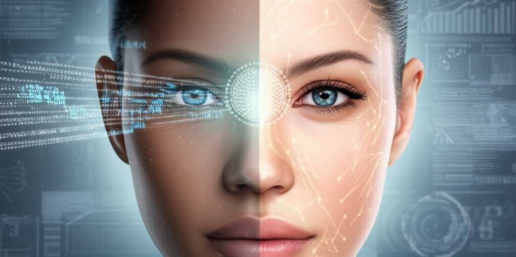 A hyper-realistic, high-resolution close-up of a diverse human face, one half subtly showing raw skin texture with digital data points and abstract data streams (like pixelated genetic code or microscopic cell structures) flowing towards a central, glowing AI brain interface. The other half of the face displays incredibly radiant, healthy, and smooth skin, bathed in a soft, ethereal glow, with intricate, luminous neural network pathways subtly overlaid, indicating the AI's processing and optimization for a 'glow' effect. The background is a clean, futuristic lab setting with abstract data visualizations.