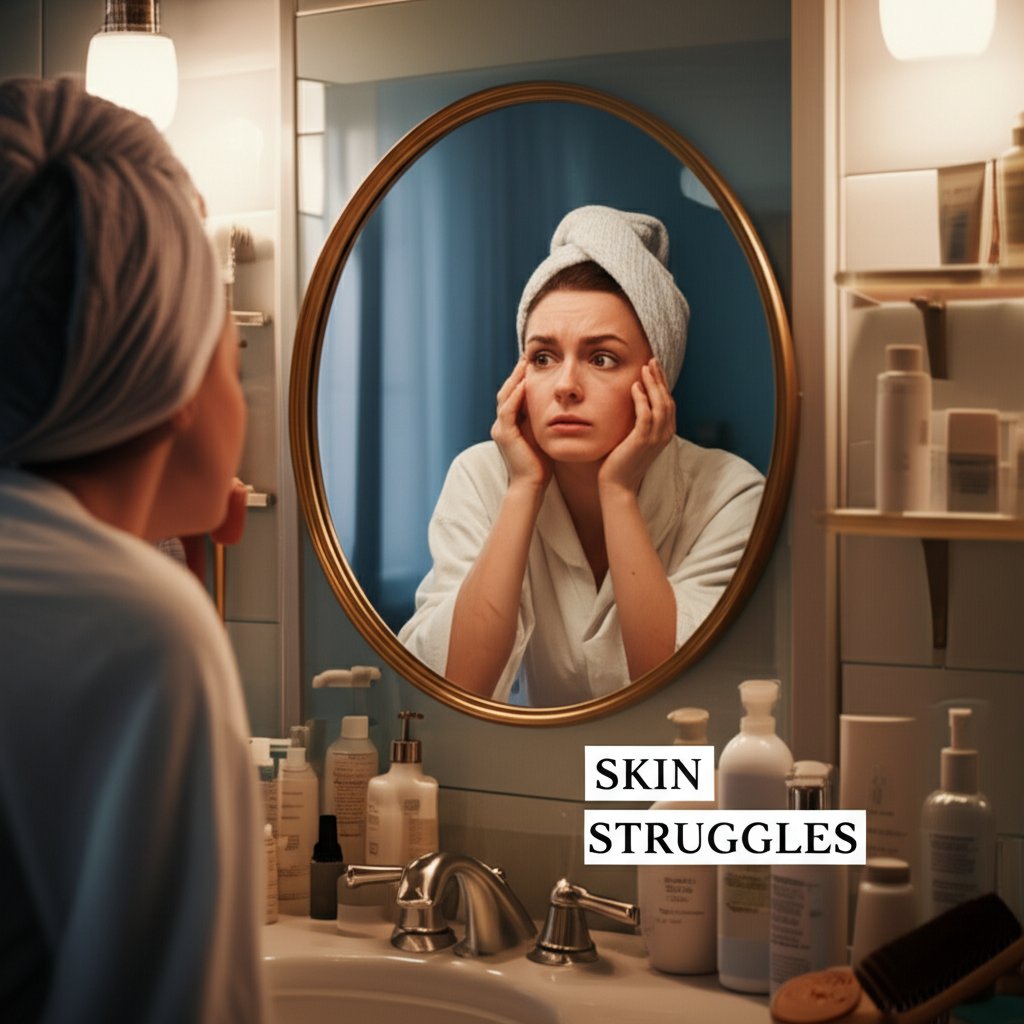 An illustrative image about: A frustrated woman in a soft-focus bathroom, looking into a mirror with a look of despair. She is su