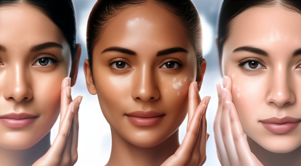 Diverse faces with a gentle glow highlight personalized sensitive skincare, with hands applying product against a blurred background.
