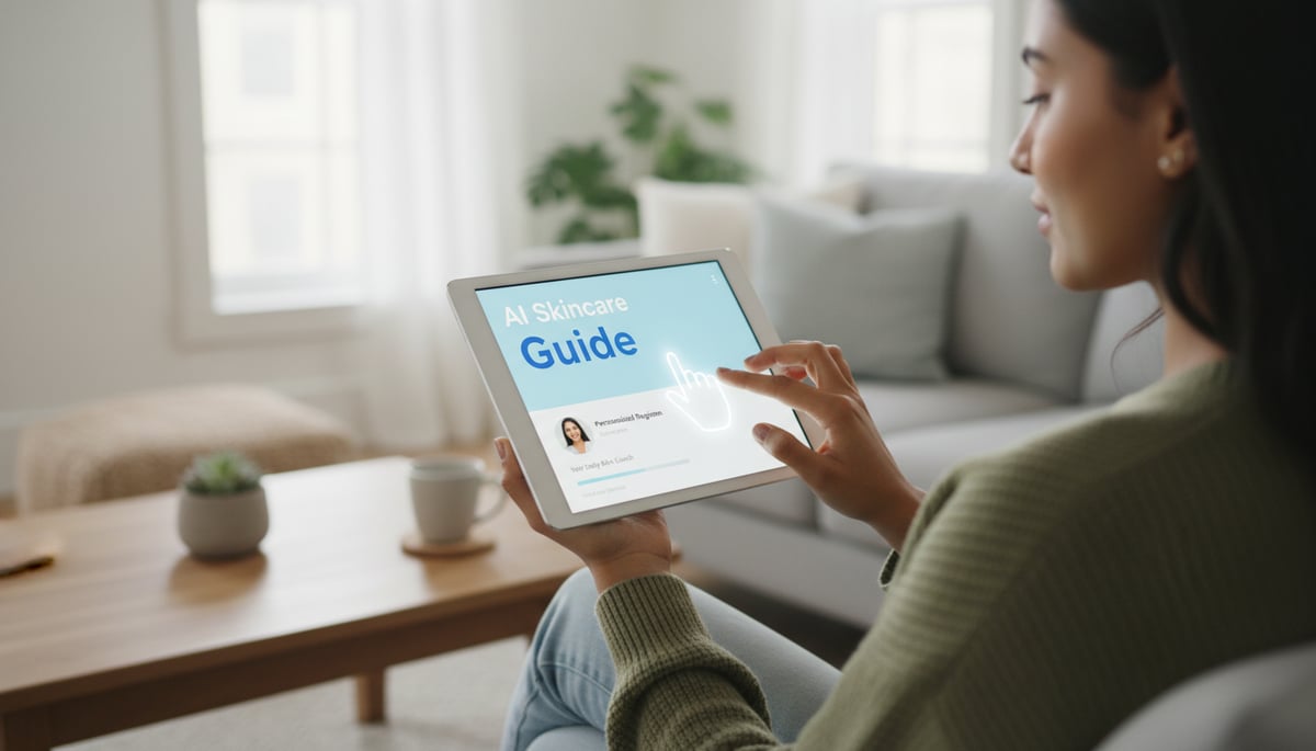 A person using an AI skincare app on a tablet.