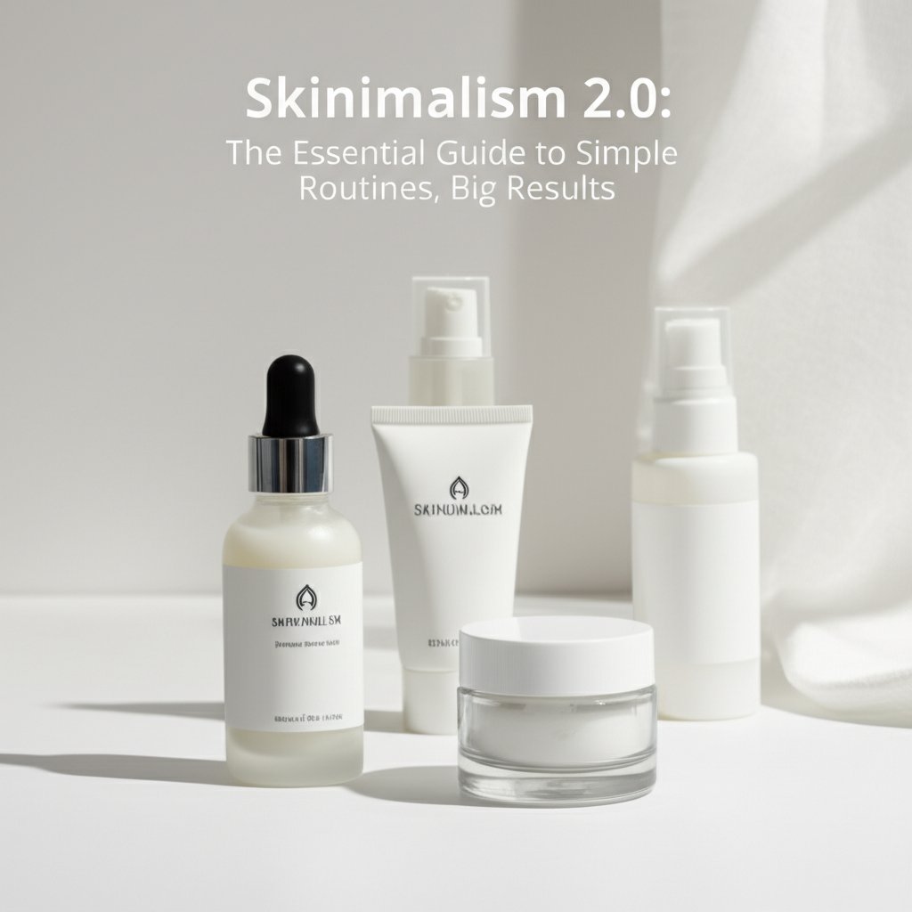 Bright, minimalist image of elegant skincare products on a pristine surface, featuring the title 'Skinimalism 2.0'.