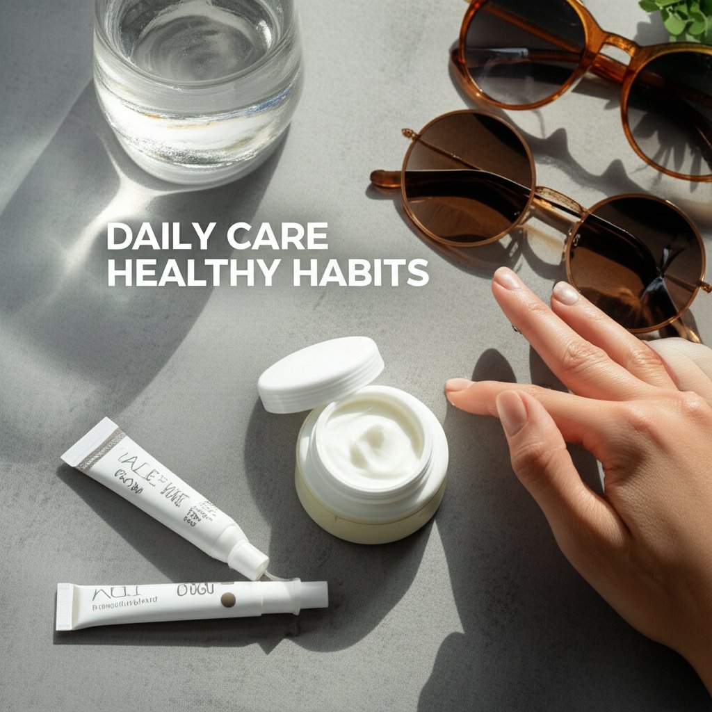 A peaceful, brightly lit scene featuring essential daily eye care items: a gentle eye cream, a glass of water, broad-spectrum sunglasses, and a small plant, symbolizing holistic well-being. A hand gently applies cream to the eye area. Text in image: DAILY CARE HEALTHY HABITS. Style: clean, fresh, natural light.