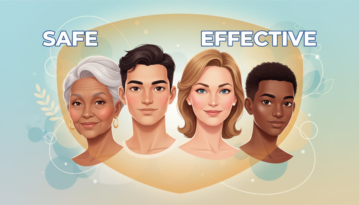Illustration of diverse individuals with glowing, healthy skin, symbolizing the safe and effective nature of PDRN treatments.