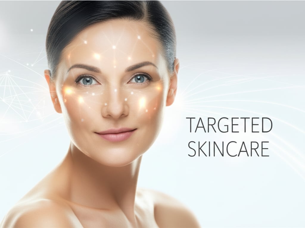 A realistic, well-lit image of a confident woman over 40 with glowing, healthy skin. Her face is subtly highlighted, with abstract, soft, glowing data lines or light patterns converging on her skin, representing AI-driven personalization and precision. Text on image: "TARGETED SKINCARE"