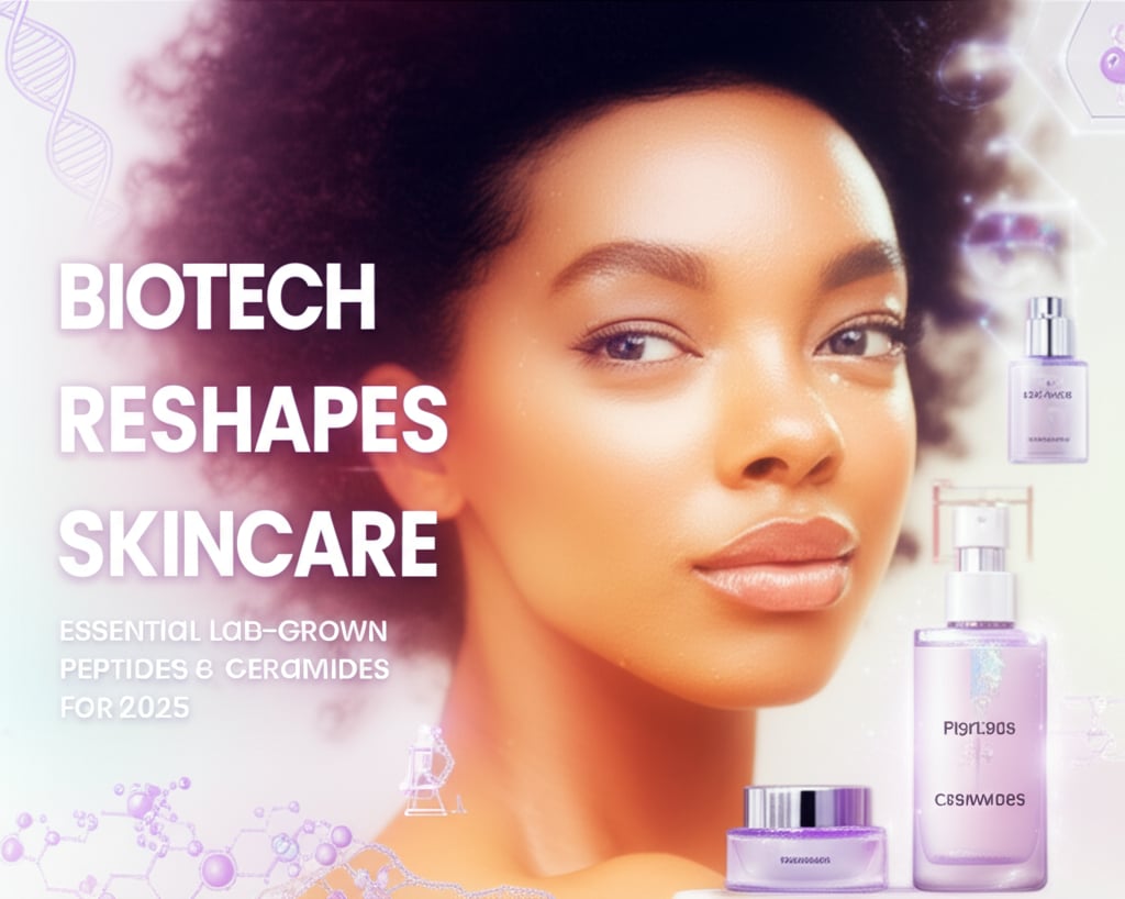 Radiant model, biotech skincare products (Peptides, Ceramides), molecular art, and 'Biotech Reshapes Skincare' headline.