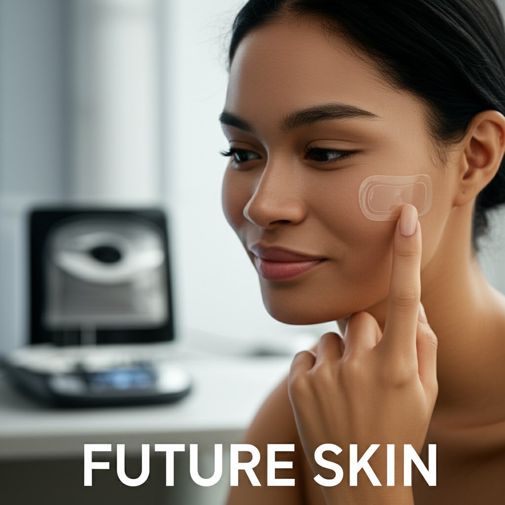 A person wearing a futuristic transparent smart patch for continuous skin monitoring