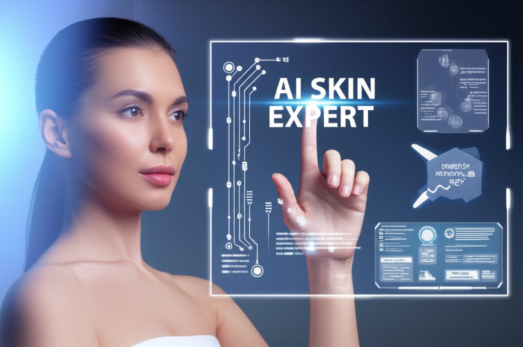 An illustrative image about: A futuristic, clean design. A woman with clear, radiant skin interacts with a holographic interface