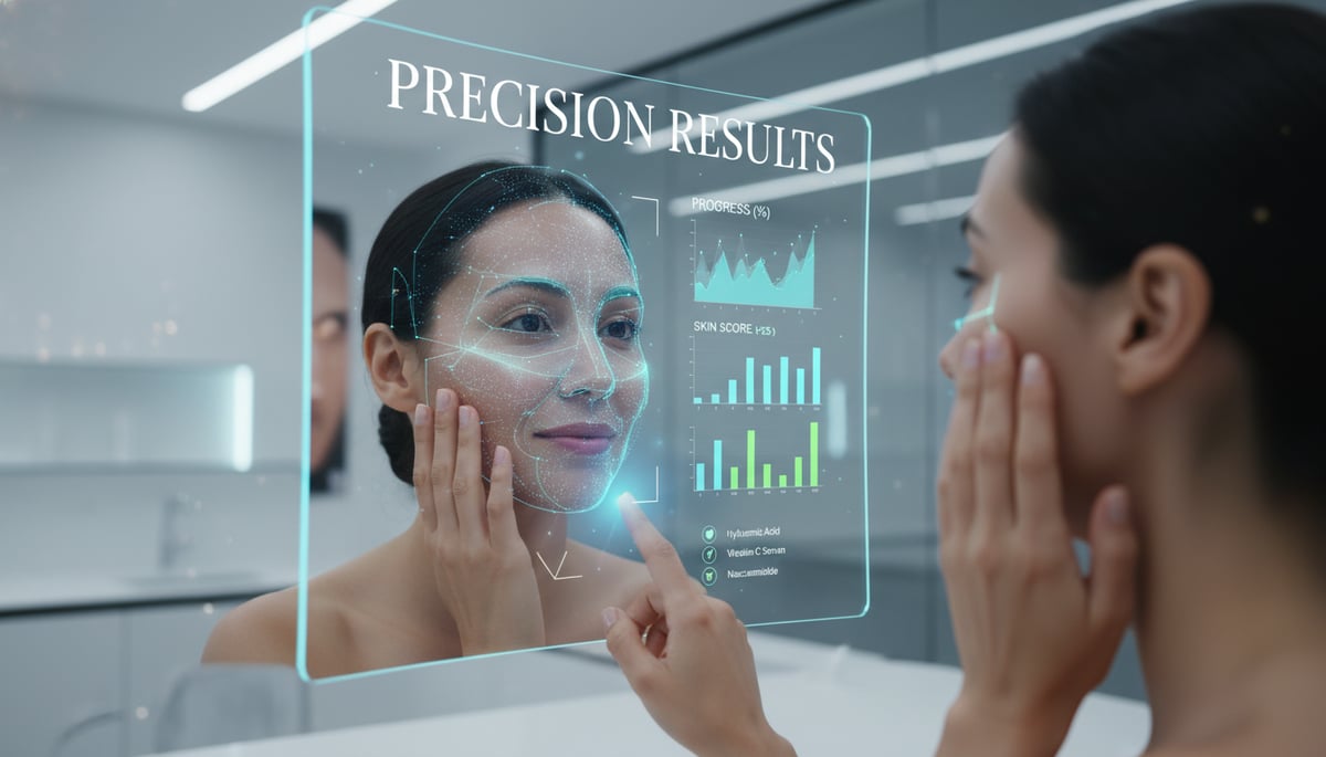A diverse individual (30s) gazing into a sleek, interactive holographic mirror displaying intricate, glowing biometric skin data: detailed 3D facial scans highlighting areas of improvement, dynamic progress charts, and personalized ingredient recommendations. One hand gently touches their visibly radiant, healthy skin, while the other gestures towards the data, conveying tangible satisfaction and scientific validation. The background is a clean, minimalist futuristic lab or clinic, bathed in soft, cool lighting. The overall mood is sophisticated, trustworthy, and precise. A prominent, elegant text overlay on the mirror reads: "PRECISION RESULTS" in large, modern fonts.