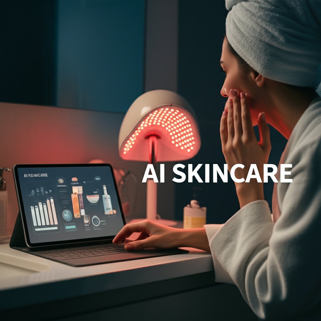 An illustrative image about: A modern, clean bathroom setting at night. A woman is engaged in her evening skincare routine. In th