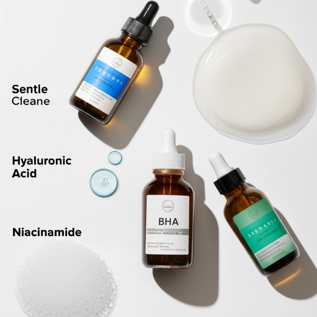 An illustrative image about: A clean, modern flat lay or studio shot showcasing a collection of elegant skincare bottles and ingr