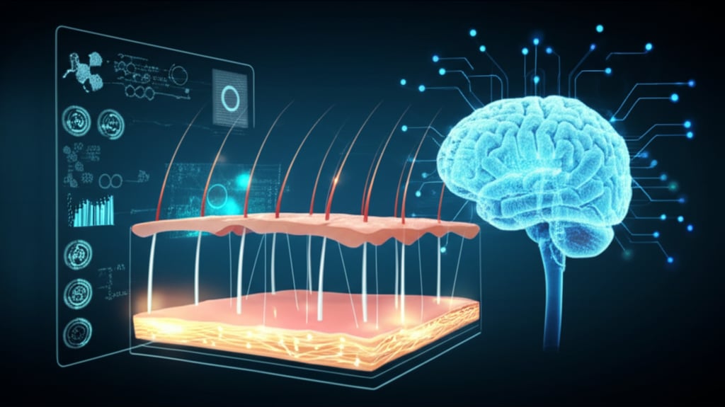 An illustrative image about: A futuristic, sleek AI interface displaying a 3D holographic projection of human skin, with intricat