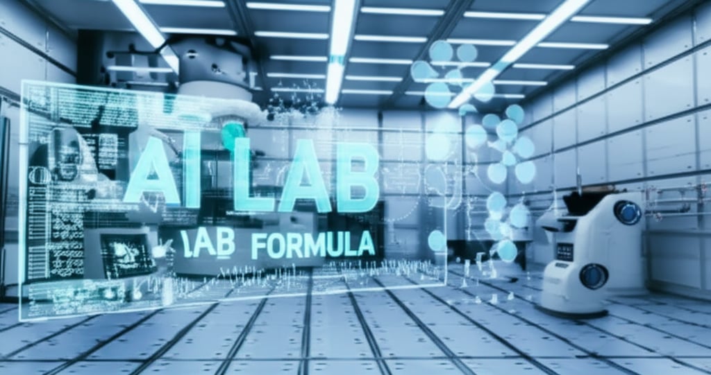 An advanced, sterile laboratory setting with holographic projections of complex molecular structures and data algorithms floating in the air. A robotic arm or a subtle AI interface is interacting with a display showing ingredient analysis, highlighting chemical compounds. The environment is sleek and illuminated with soft blue and white lights. Large, clear text on a screen within the image: "AI LAB", "FORMULA".
