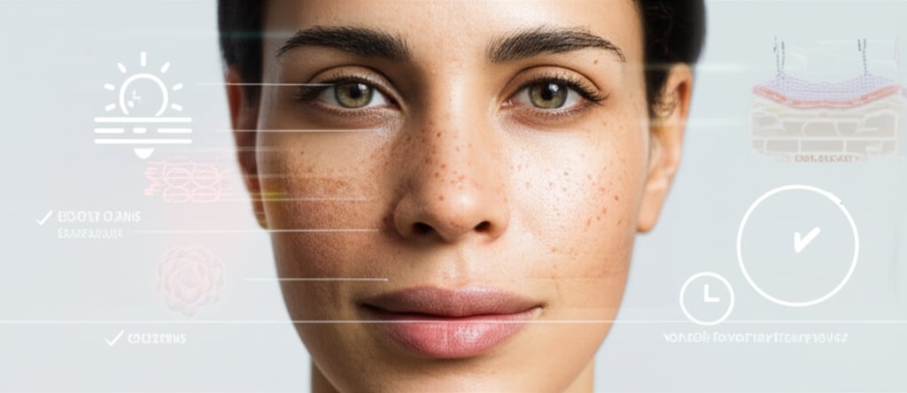 An illustrative image about: A cinematic, close-up shot of a diverse woman's face, her skin displaying subtle areas of uneven pig