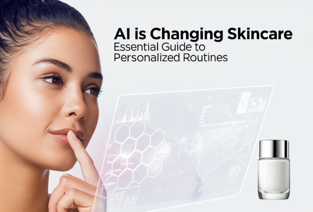 A radiant woman views a holographic AI skincare interface displaying data, next to a product with the title 'AI is Changing Skincare'.