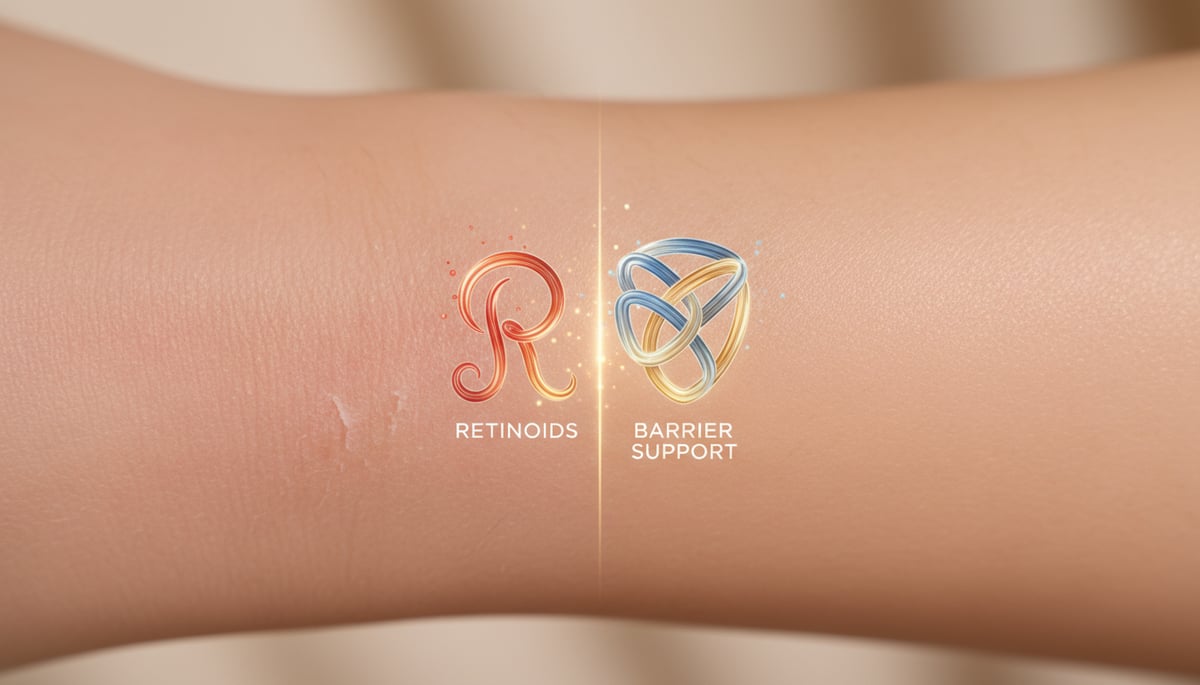 A close-up, naturalistic shot of human skin. One side shows very subtle signs of retinization: slight redness and dryness, tiny flakes. The other side shows the same skin but appearing plump, smooth, and hydrated, with a gentle, protective glow. In the center, a visual metaphor for 'RETINOIDS' and 'BARRIER SUPPORT' combining. Soft, warm lighting. Not futuristic.