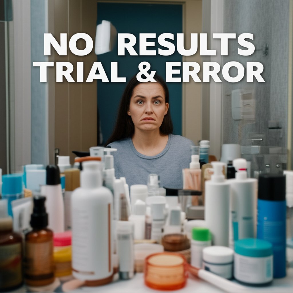 An illustrative image about: A visibly frustrated person sits in front of an overflowing bathroom vanity, surrounded by an array 