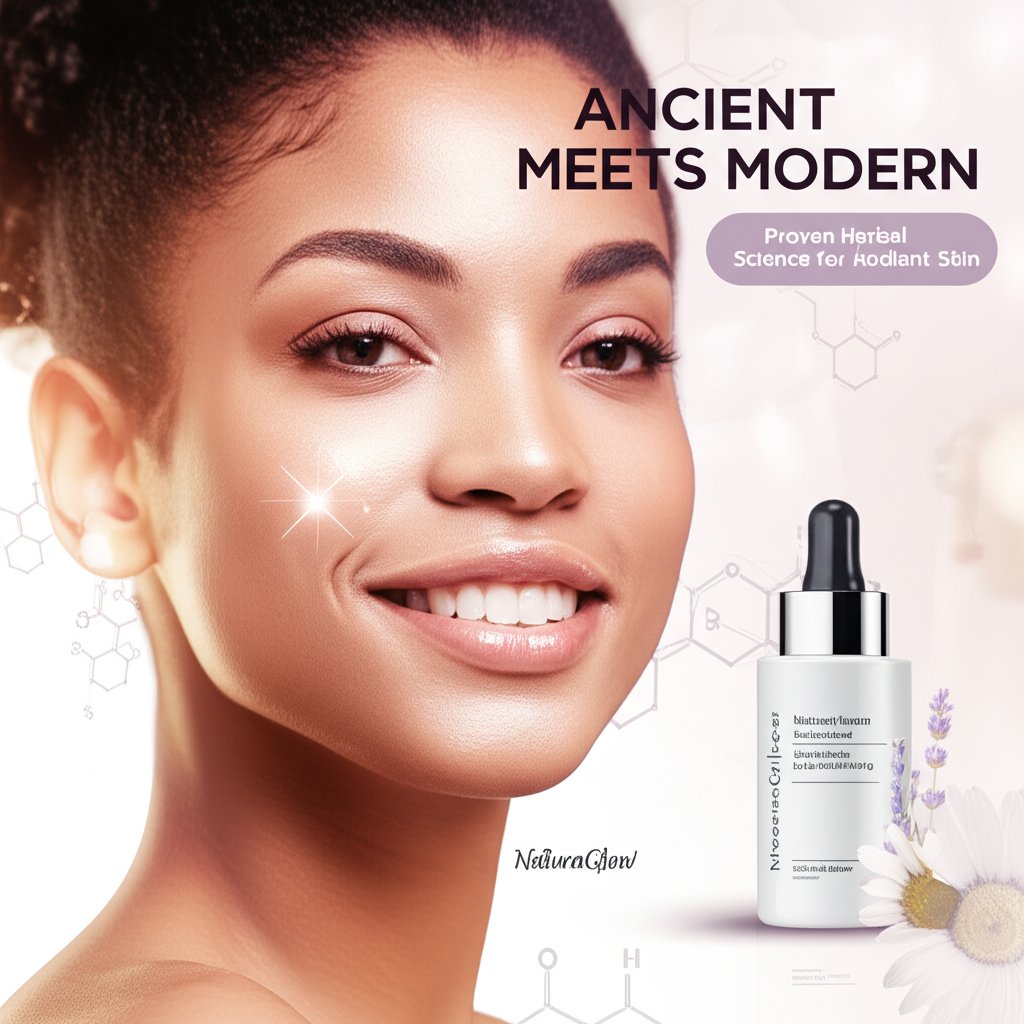 A radiant model portrait, a skincare product, and an 'Ancient Meets Modern' headline on a scientific-botanical backdrop.