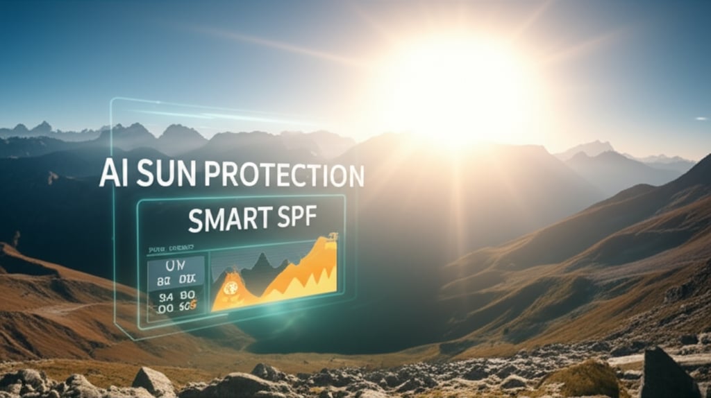 A vibrant high-altitude mountain landscape bathed in intense sunlight. Overlaying the scene is a translucent, glowing digital interface displaying real-time UV data and dynamic SPF recommendations. A protective, invisible shield effect emanates from the screen, deflecting sun rays. Text overlay: "AI SUN PROTECTION" and "SMART SPF" in a clean, futuristic font, emphasizing intelligent defense.